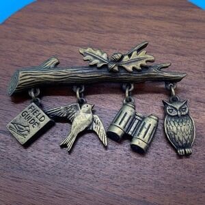 Vintage‎ JJ Jonette Jewelry Bird Watching Brooch Field Guide Owl Binoculars Pin